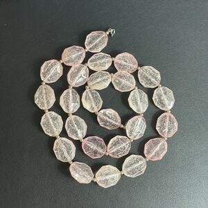 Vintage Acrylic Pink Crackle Bead Necklace with Silver Tone Spacer Beads 28"‎